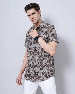 leaf print shirt with button-down collar