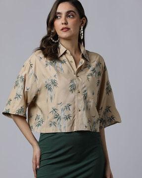 leaf print shirt with drop-shoulder sleeves