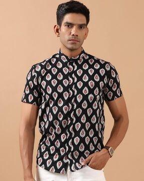 leaf print shirt with mandarin collar