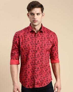 leaf print shirt with spread collar