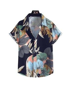 leaf print shirt with spread collar