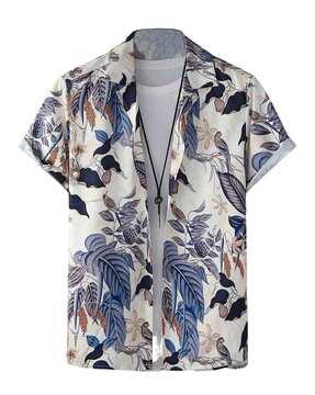 leaf print shirt with spread collar