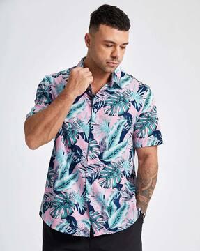 leaf print shirt with spread collar