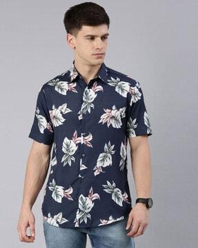 leaf print shirt with spread collar