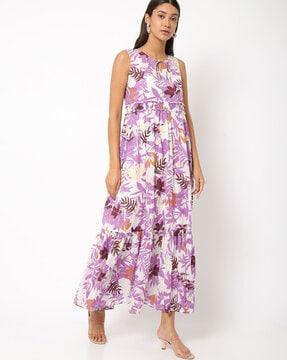 leaf print sleeveless fit & flare dress with inner