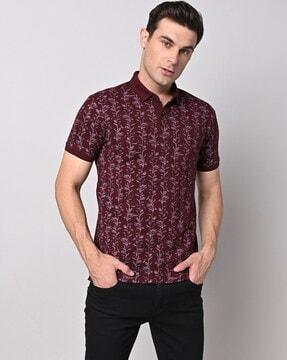 leaf print slim fit polo t-shirt