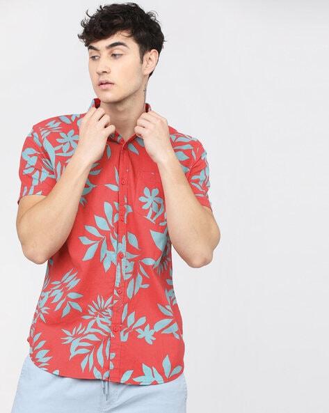 leaf print slim fit shirt with patch pocket