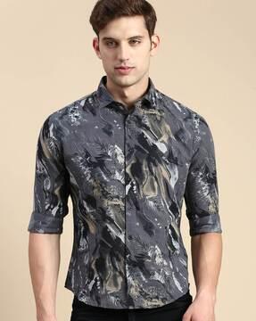 leaf print slim fit shirt with spread collar