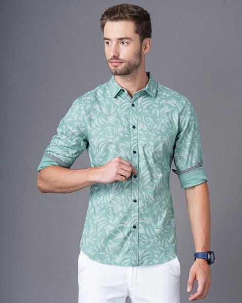 leaf print slim shirt with patch pocket