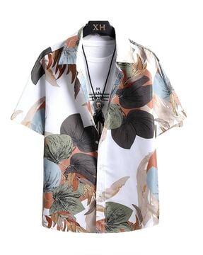 leaf print spread-collar shirt