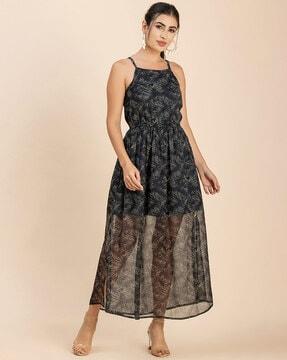 leaf print square-neck a-line dress