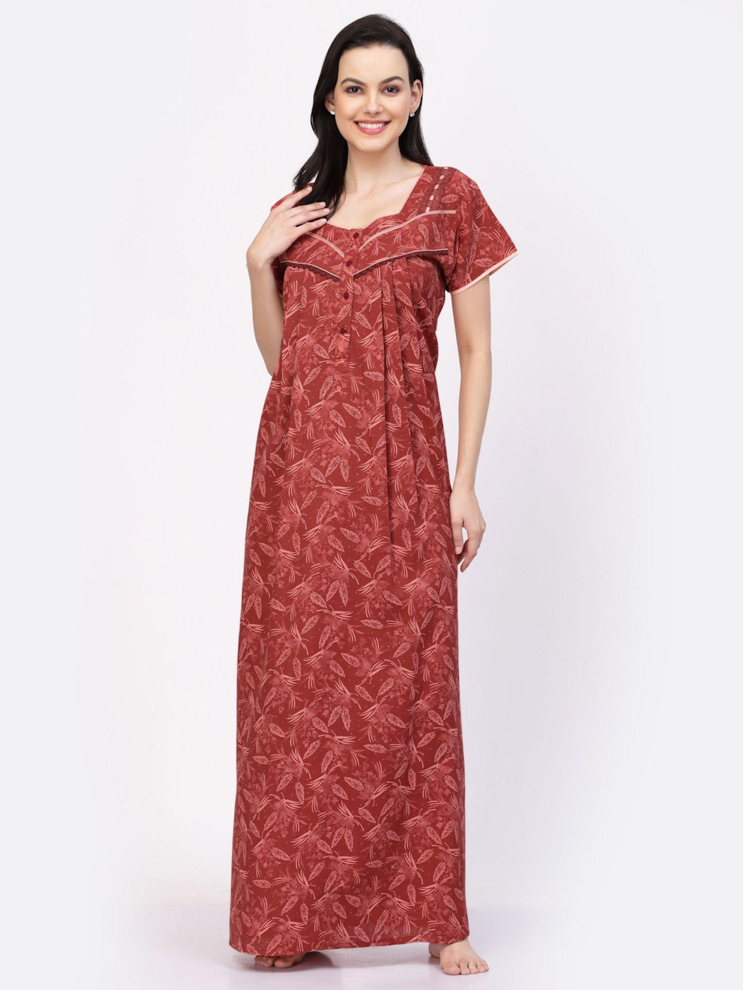 leaf print square neck regular length pure cotton nightdress - red