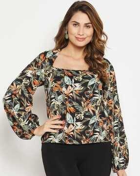 leaf print square-neck top