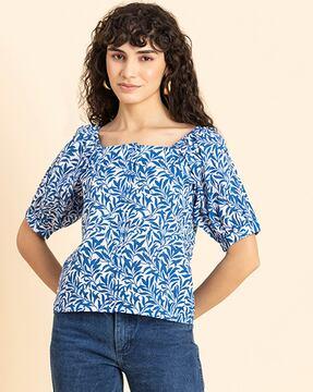 leaf print square-neck top