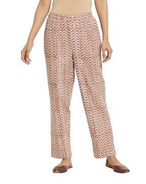 leaf print straight fit pants with insert pockets