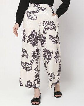 leaf print straight fit pants with insert pockets