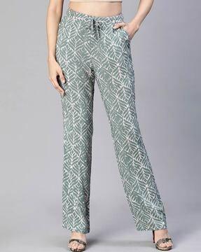 leaf print straight fit pants with insert pockets