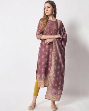 leaf print straight kurta set with dupatta