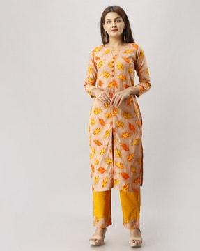 leaf print straight kurta set