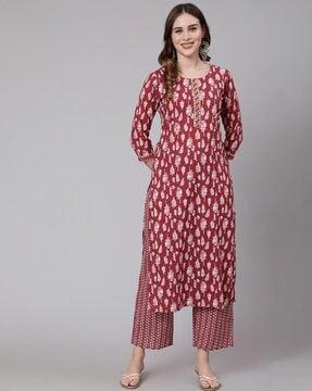 leaf print straight kurta set