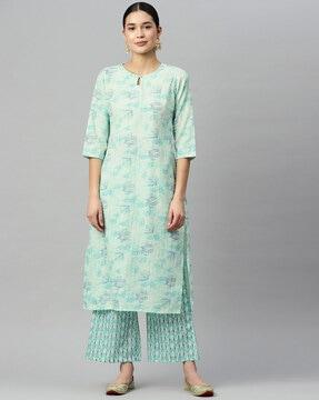 leaf print straight kurta set