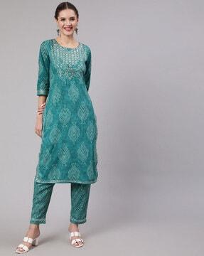 leaf print straight kurta set