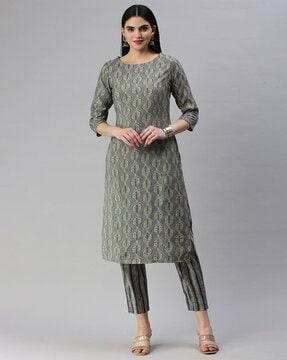 leaf print straight kurta set