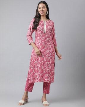 leaf print straight kurta set