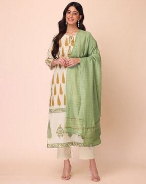 leaf print straight kurta suit set