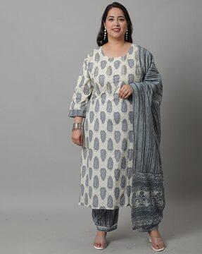 leaf print straight kurta with pants & dupatta