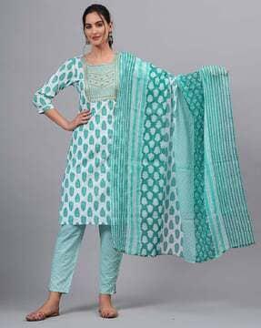 leaf print straight kurta with pants & dupatta