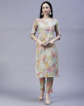 leaf print straight kurta with pants