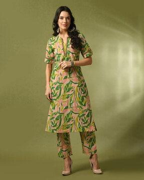 leaf print straight kurta with pants