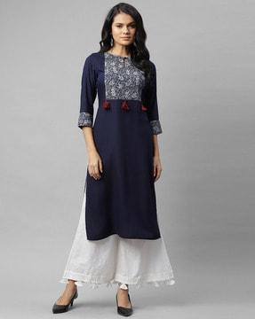 leaf print straight kurta with tassels