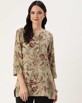 leaf print straight tunic with 3/4th sleeves