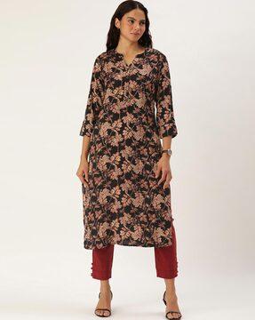leaf print straight tunic with 3/4th sleeves