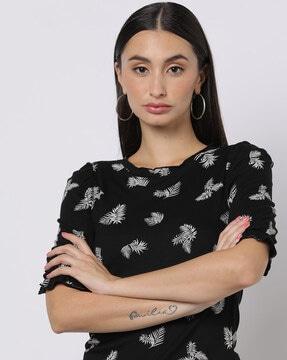 leaf print top with cuffed sleeves