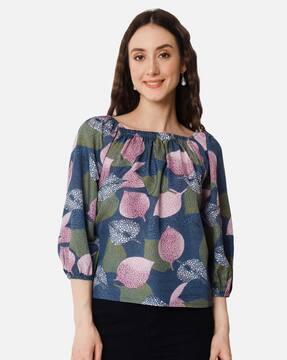 leaf print top with cuffed sleeves