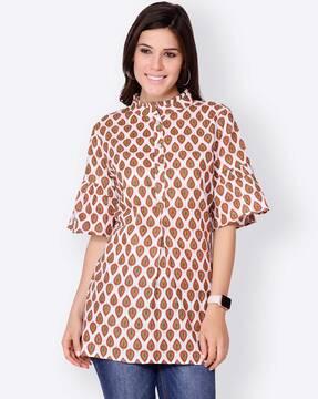 leaf print tunic with bell sleeves