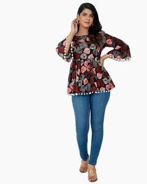 leaf print tunic with bell sleeves