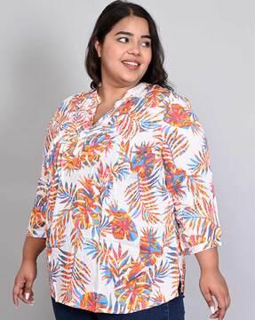 leaf print tunic with mandarin collar