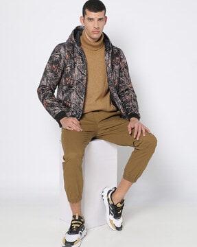 leaf print zip-front hoodie