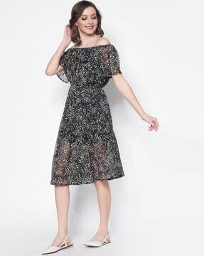 leaf printed fit and flare dress