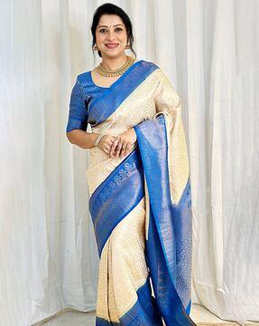 leaf woven banarasi saree with contrast border