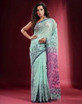 leaf woven saree with contrast border & tassels