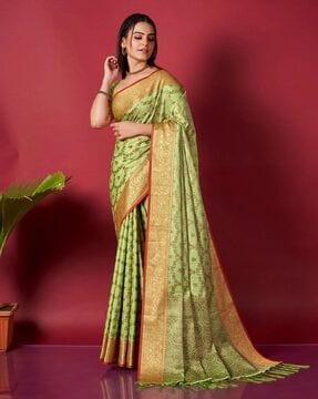 leaf woven saree with contrast border & tassels