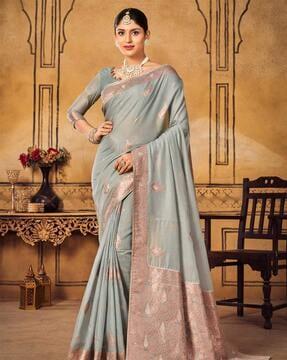 leaf woven saree with contrast border
