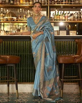 leaf woven saree with contrast zari border & tassels