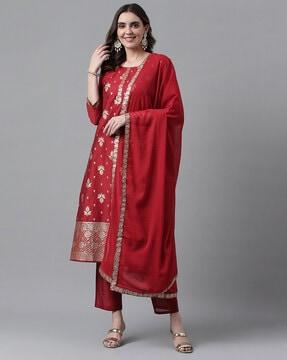 leaf woven straight kurta suit set