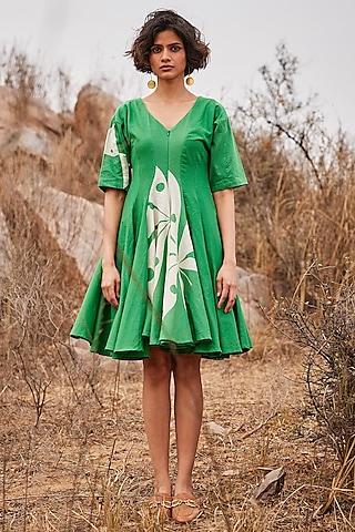 leafy green cotton mul floral printed dress